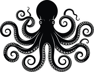 Silhouette illustration of octopus with curled tentacles and suction cups representing marine life intelligence adaptability and mystery © MstMahima