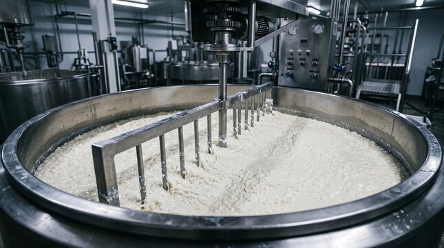 Professional stainless steel industrial mixer machine blending milk in modern dairy processing facility with sterile environment and advanced manufacturing technology for food production