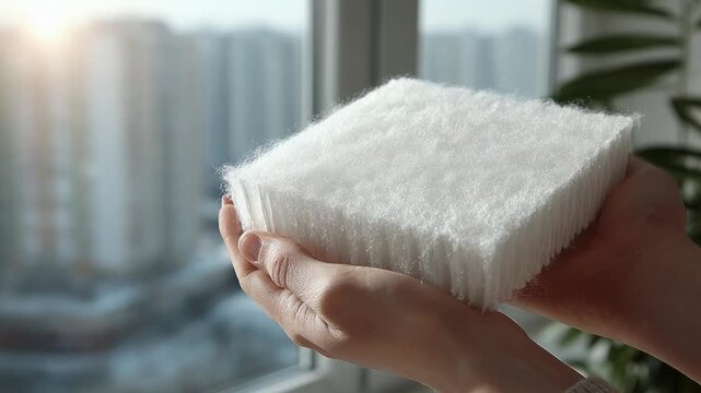 Close-up of hands holding a clean, white, fibrous air filter for an hvac system
