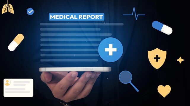 Digital medical report concept with icons of health, pills, and technology on smartphone screen