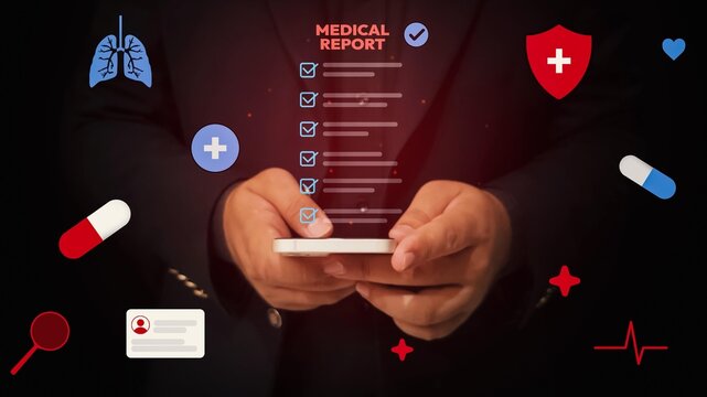 Digital medical report checklist on smartphone with healthcare icons, pills, and lungs in background. innovative