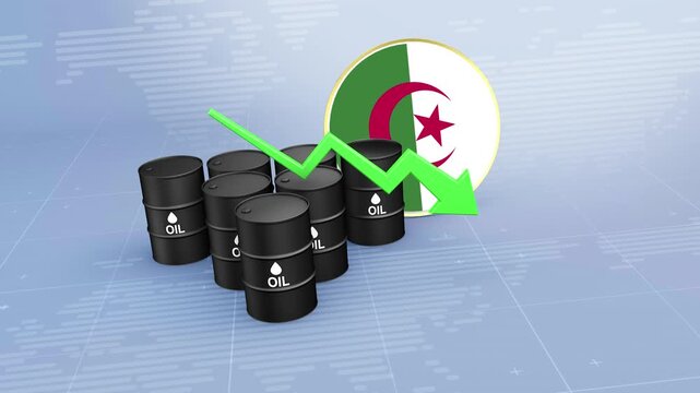 Algeria Crude Oil Price Decline with Oil Barrels and Downward Green Arrow