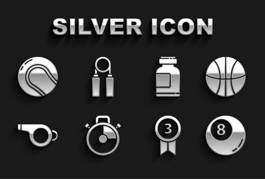 Set Stopwatch, Basketball ball, Billiard pool snooker, Medal, Whistle, Sports nutrition, Baseball and expander icon. Vector