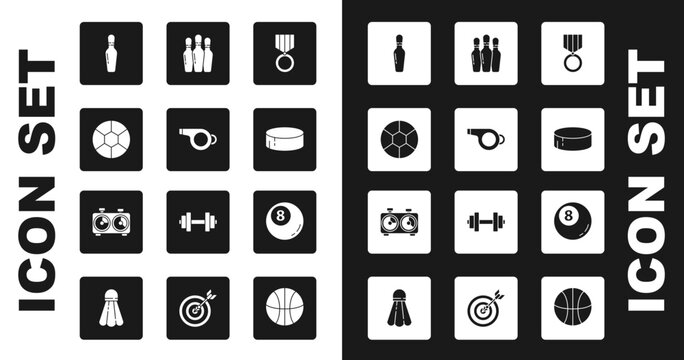 Set Medal, Whistle, Football ball, Bowling pin, Hockey puck, Billiard pool snooker and Time chess clock icon. Vector