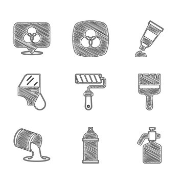 Set Paint roller brush, spray can, gun, bucket, Car painting, Tube with palette and RGB and CMYK color mixing icon. Vector