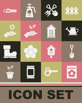 Set Pack full of seeds of plant, Shovel, Watering can, and rake, Plant hand environmental, Hand holding flower, Chainsaw and Farm house icon. Vector