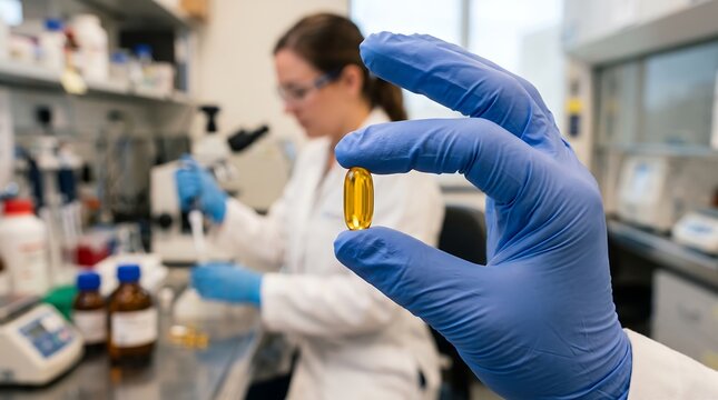 Scientist holding golden oil pill in laboratory while coworker conducts clinical research in background with blurred equipment and medical supplies on workbench