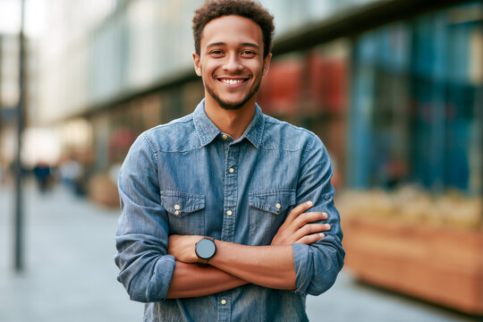 Modern black or mixed race smiling businessman, young startup founder portrait posing in a street with a casual shirt and a smartwatch