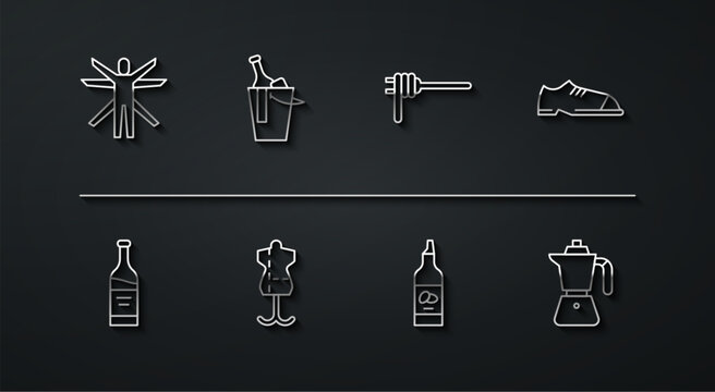 Set line Vitruvian Man, Bottle of wine, Men shoes, olive oil, Mannequin, bucket, Coffee moca pot and Pasta spaghetti icon. Vector