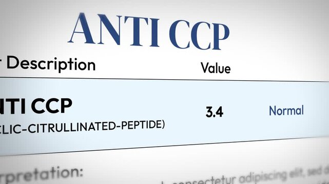 Anti-ccp test results showing normal value in medical report for rheumatoid arthritis diagnosis 4k animation.