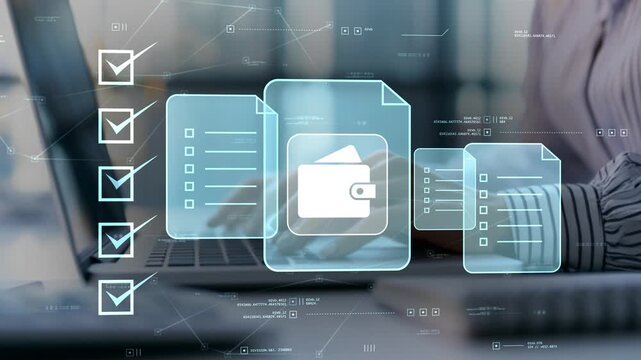 Digital wallet technology with financial documents, business checklist, payment management workflow and modern fintech solutions for secure digital finance