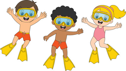 Happy multiethnic kids swimming with diving masks and flippers, cute cartoon children scuba vector illustration © Kaiyum
