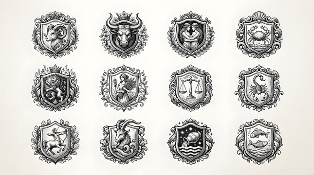 Zodiac signs heraldic shield collection, vintage medieval style horoscope symbols with ornate frames and floral elements, hand drawn coat of arms engraving illustration isolated on white background