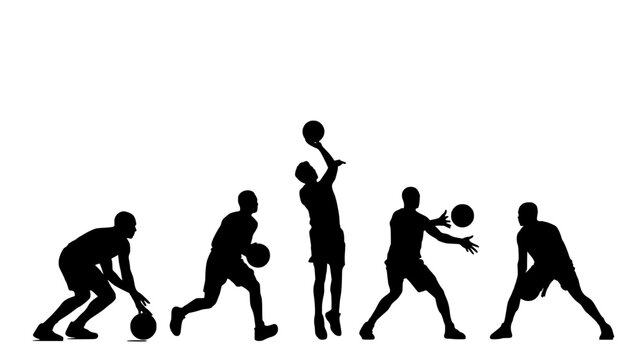 Five Silhouetted Figures Dynamic Basketball Poses Each Aei Abstract Visual Background with Clean Commercial Design Style
