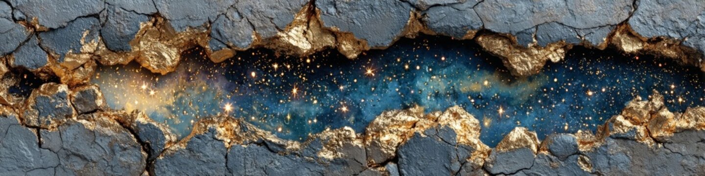 A dramatic basalt relief wall cracks open to reveal a cosmic nebula filled with stars and constellations, glowing with antique gold and deep blue hues.