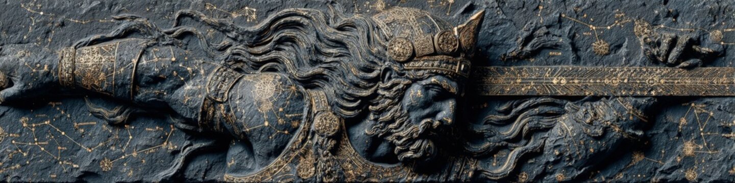 A heroic stone-carved figure of David of Sassoun emerges from a cosmic basalt relief, wielding a celestial sword amidst constellations and starlight.