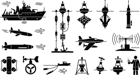 Black and white military and naval equipment icon set © RUMA AKTHER