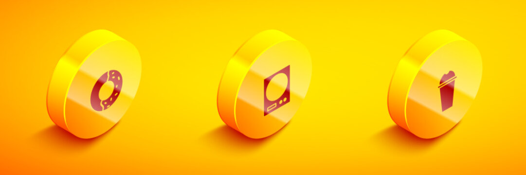 Set Isometric Donut with sweet glaze, Electronic scales and Milkshake icon. Vector