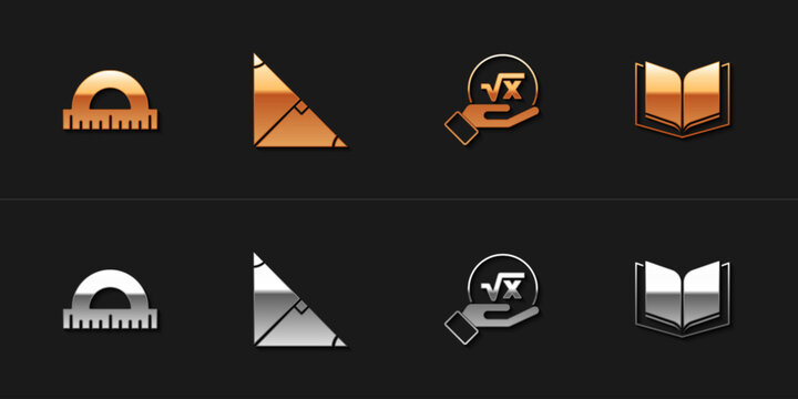 Set Protractor, Angle bisector of triangle, Square root x glyph and Open book icon. Vector