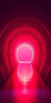 Abstruse red tunnel stretches into glowing light, journey's end, mystical atmosphere
