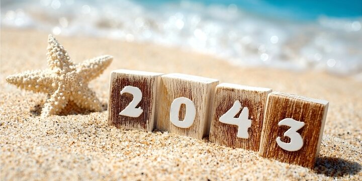 Numbers 2043 Spelled Out on Textured Wooden Blocks Sitting Upon a Scenic Tropical Sandy Beach Shore.