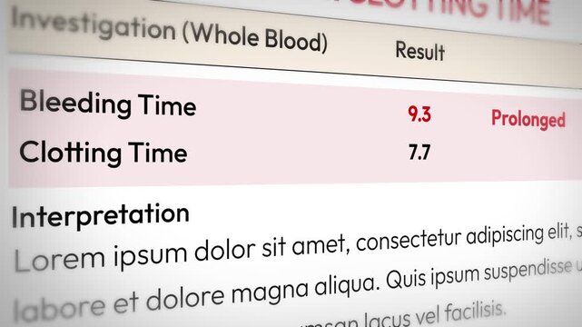 Blood test results showing prolonged bleeding and clotting time with lorem ipsum text, medical report analysis, 4k animation.