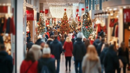Obraz premium Crowded shopping mall decorated for holiday with illuminated christmas tree and festive light, capturing seasonal shopping and celebration.
