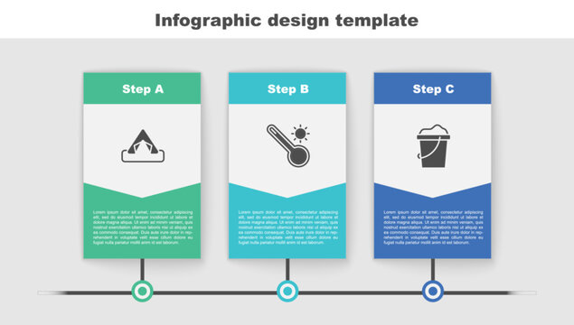 Set Tourist tent, Meteorology thermometer and Sand in bucket. Business infographic template. Vector