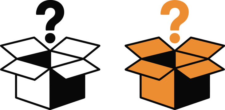 Question box icons, mystery package symbols featuring surprise boxes, unknown contents, hidden gifts, secret rewards, curiosity concepts and user interface elements.