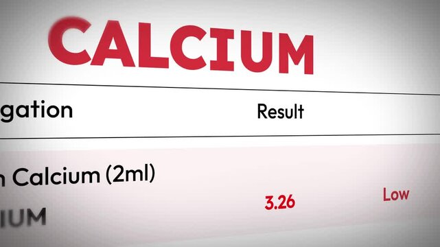 Calcium deficiency test results showing low levels in blood sample analysis, medical laboratory report, 4k animation.