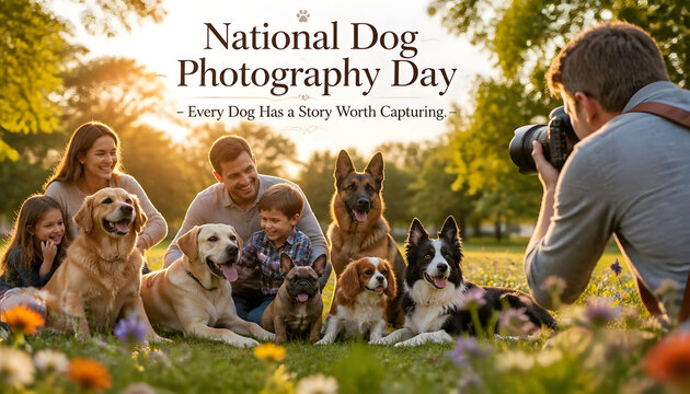 National Dog Photography Day Happy American Family with Adorable Pet Dogs Outdoor Portrait in USA
