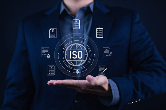 ISO certification concept with business professional presenting compliance, quality management, audit, international standards, quality assurance, documentation, certification process, and corporate g