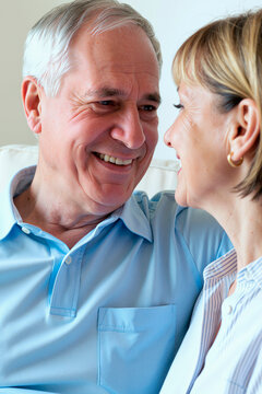 Vertical shot of Caucasian senior couple smiling and gazing at each other, expressing affection and long term partnership. Ideal for retirement planning, senior lifestyle, healthcare support marketing