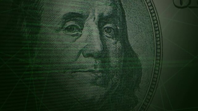 Background of a 100-dollar bill with computer code, lines, and an inversion effect. Finance concept. 4K video