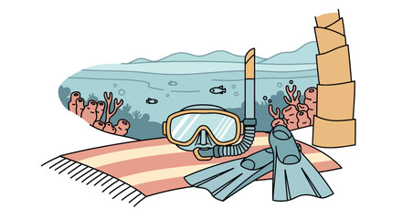 Snorkeling equipment on a beach towel near the coral reef © ardi