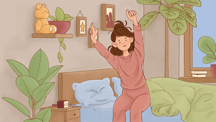 2D illustration. A sleepy brunette girl in pink pajamas sits on the bed, stretching her arms up and yawning with closed eyes. Cozy morning routine and waking up in teenage bedroom. Cute kawaii cartoon