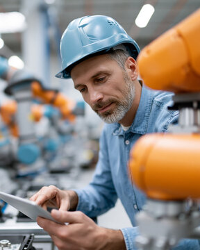 Man in hard hat checks tablet beside robotic arms. Focused, he monitors equipment in bright factory. Industrial automation and human oversight blend here. Ideal for smart manufacturing