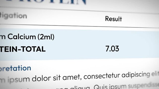 Medical report with calcium test result showing 7.60 level, highlighting protein total analysis in laboratory 4k animation.