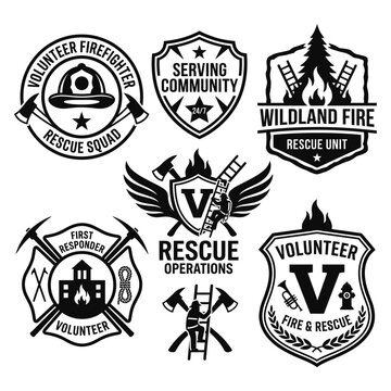 Rescue Squad Emblem Set with Firefighter and Ladder Graphics