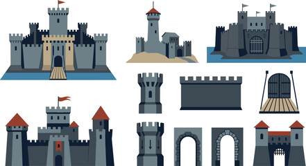 Medieval Castle Fortress Elements Collection Featuring Stone Towers, Defensive Walls, Gates, Drawbridge, Watchtowers, and Fantasy Architecture Vector Set © Priyanka