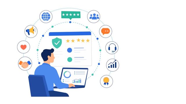 Professions Businessman Analyzing An Online Brand  Reputation Management Dashboard. Flat Design Intimation with Copy Space . Customer Experience and Support Concept 