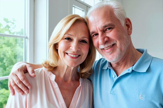 Portrait of Caucasian senior couple smiling at camera and embracing at home, expressing trust and long term partnership. Ideal for retirement planning, insurance, healthcare marketing