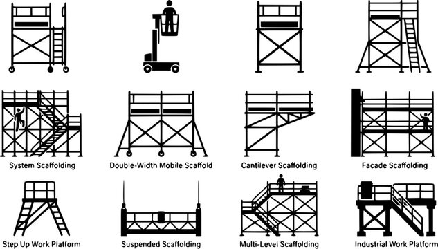 Scaffolding & Work Platform silhouette icon set, flat black glyph style, pure white background