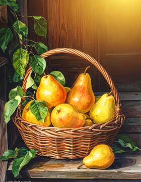 A basket of ripe Rocha pears sits on a wooden porch with the soft golden light of a summer afternoon.