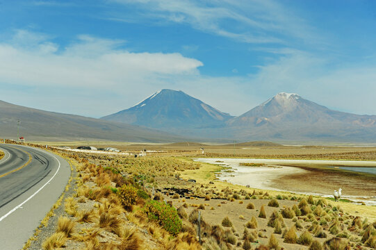 Tarmac road towards volcano Sajama, Sajama National Park, Bolivia