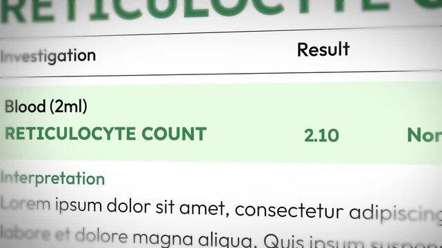 Reticulocyte count analysis report with highlighted results, blood sample details, and interpretation section in 4k animation for medical presentations.