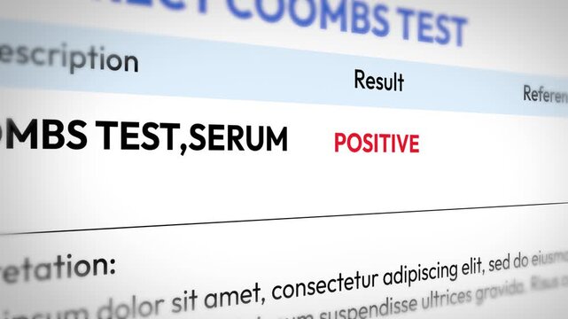 Positive laboratory test result for mbs serum analysis with blurred lorem ipsum text background, 4k animation medical video frame.