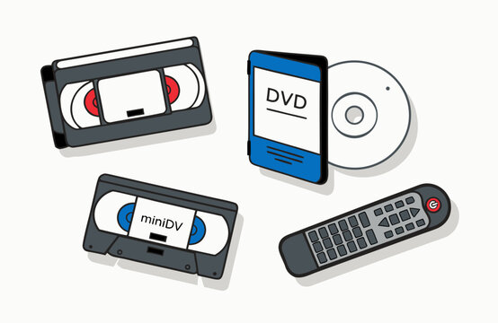 Retro technologies set with vhs tape, dvd disc, case and remote controller icon. Nostalgia for the 90s digital media era. Flat style. Vector illustration for web page design