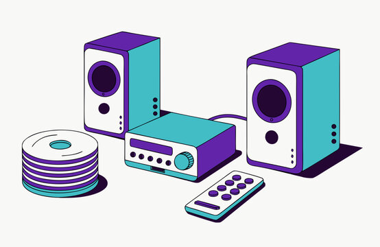 Retro hi-fi sound system with audio speakers, cd player remote controller and stack of compact discs. Nostalgia for 90s technology. Flat style vector illustration for banner