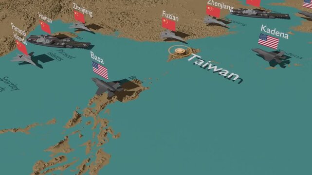 US and Chinese military bases around Taiwan. 3D orbital view